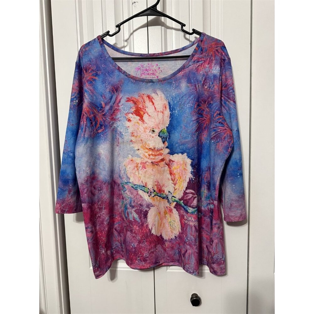 Leoma Lovegrove Top Womens Large Art To Wear Bird Cockatoo Pink Blue Flowy